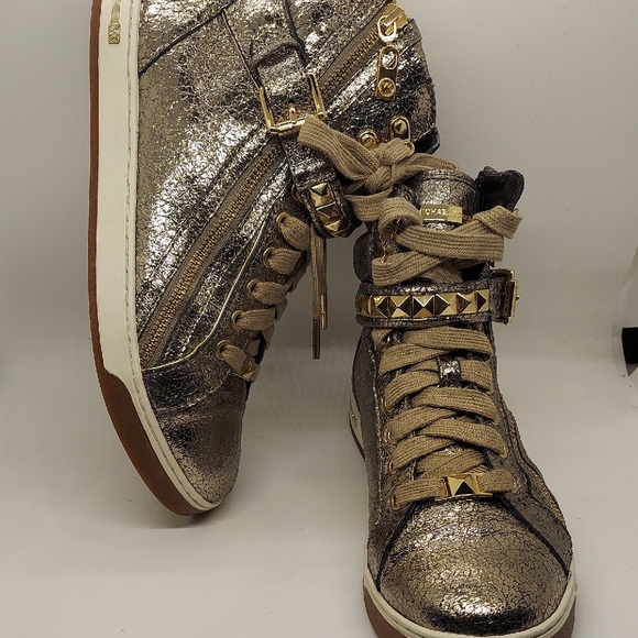 MICHAEL KORS Gold High-Top Sneakers Women's Size 8 - Picture 1 of 7